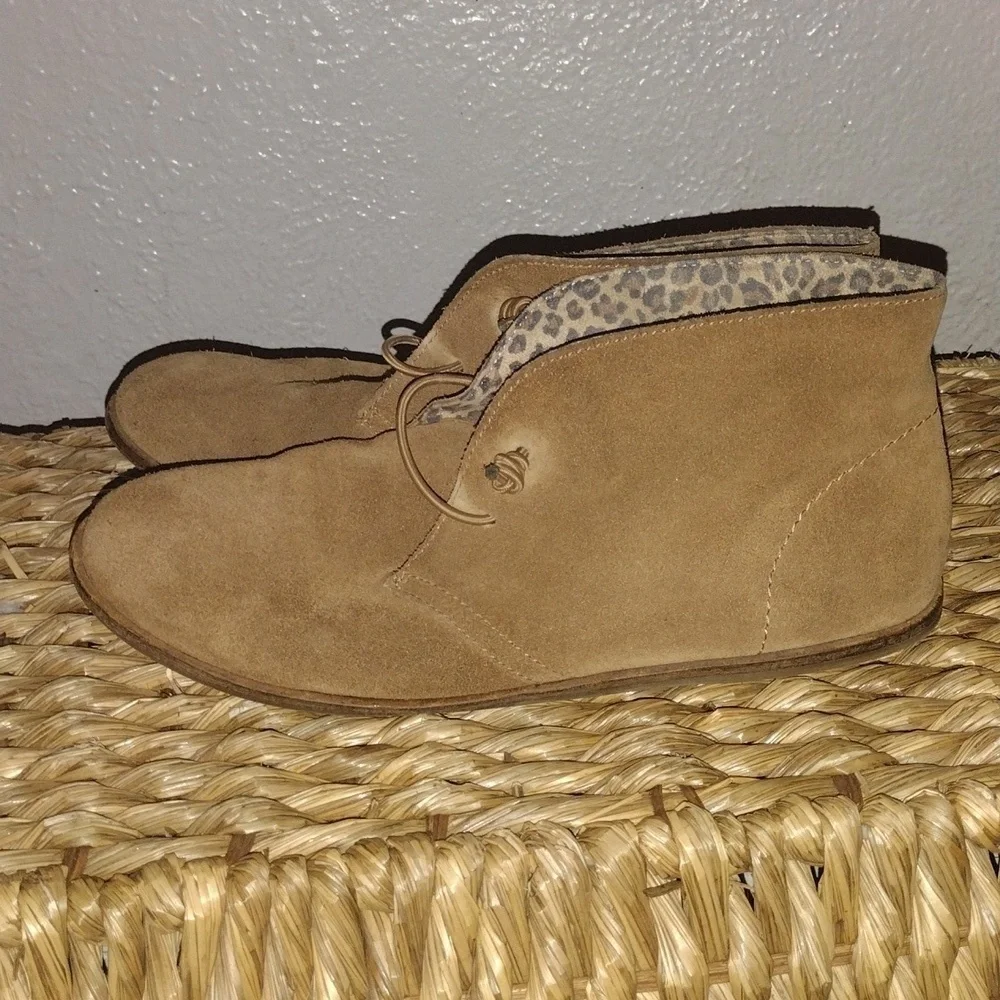 Tan Suede Ankle Boots Leopard Print Lining Chukka Ashbee Laceup Lucky Brand 8.5